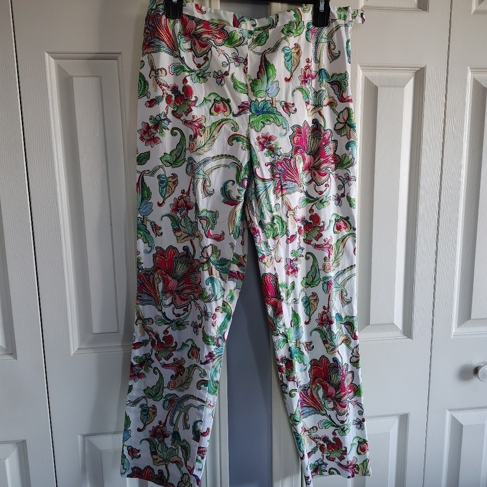 Lauren Ralph Lauren Green Iabel White Floral Straight Leg Pants 10